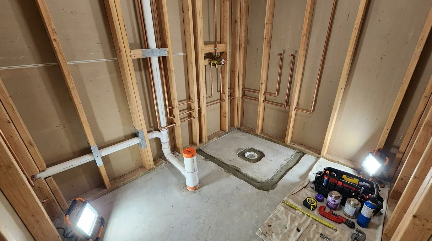 Bathroom rough-in plumbing during remodel by Johns Plumbing LLC in Winslow