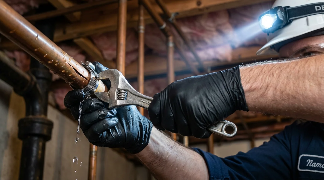 Emergency pipe clamp repair being performed by a Johns Plumbing LLC plumber in Winslow