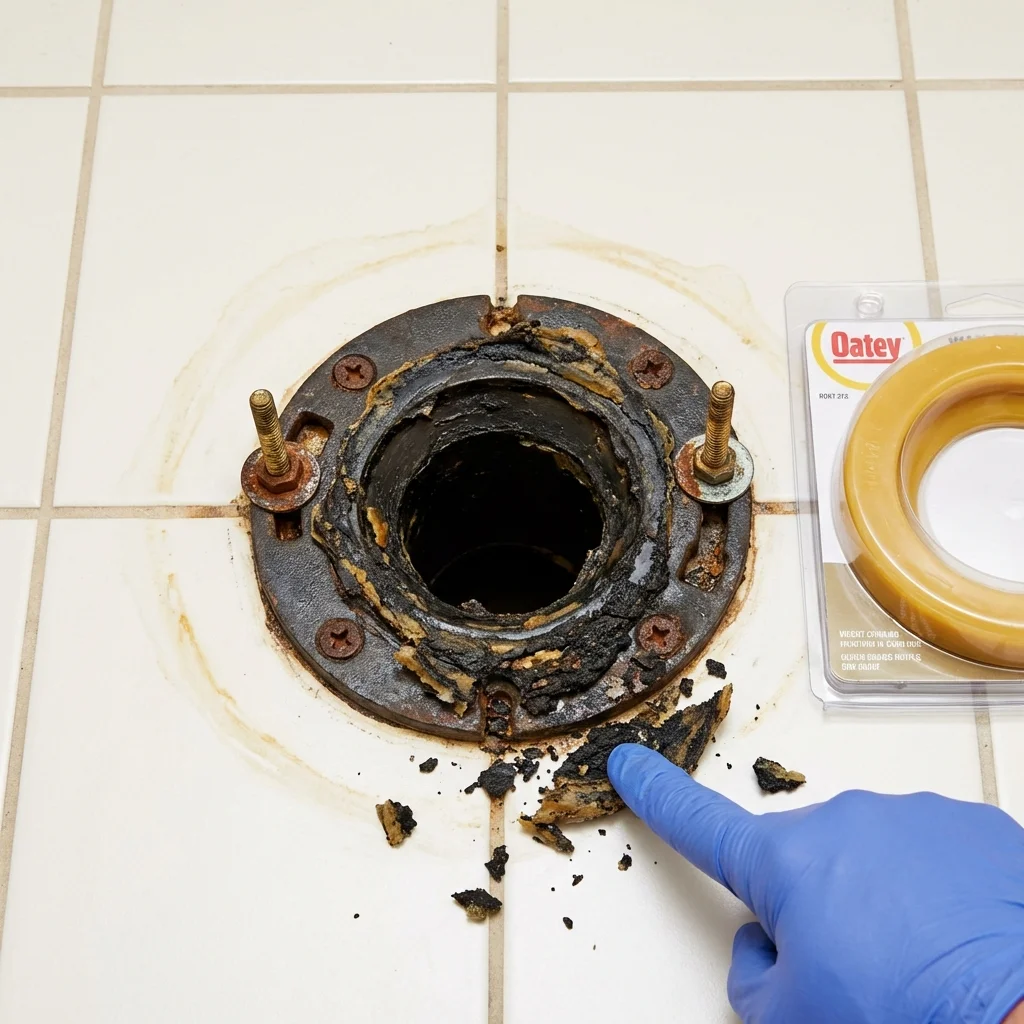 Failed wax ring showing water seepage at the base of a toilet in a Winslow, AZ home